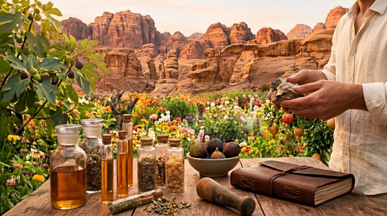 Perfumer's table with oils, figs, and raw materials